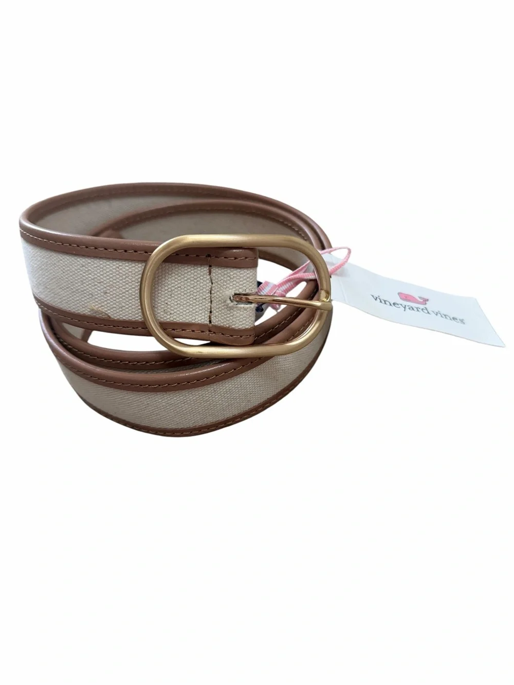 Vineyard Vines Cream Canvas Belt with Brown Trim and Gold Buckle